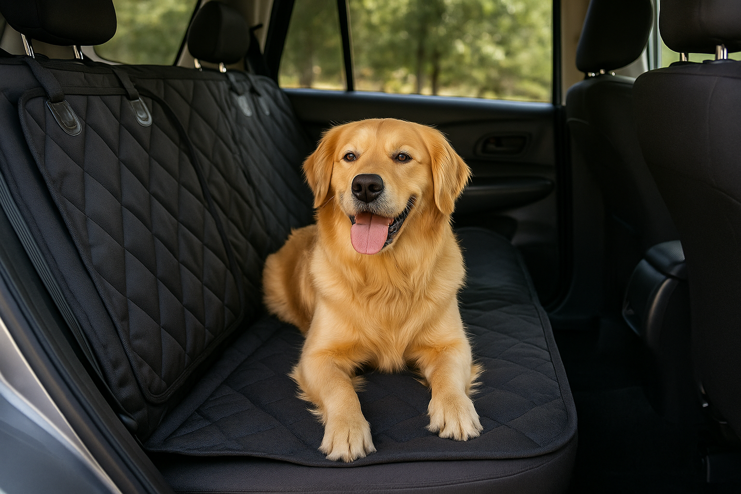 Dog sitting in a car seat cover