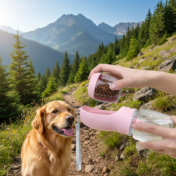 In-use scenario - Dog drinking from water bottle on hiking trail