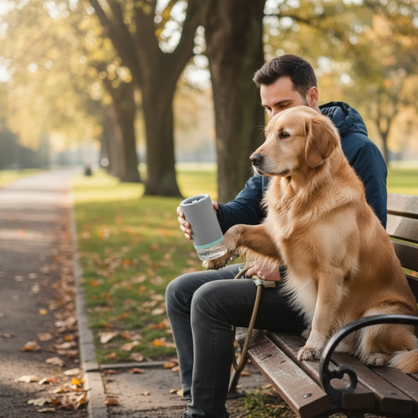 In-use scenario - Owner cleaning dog's paws after park walk